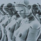 A row of feminine sex robots are shown in this image.