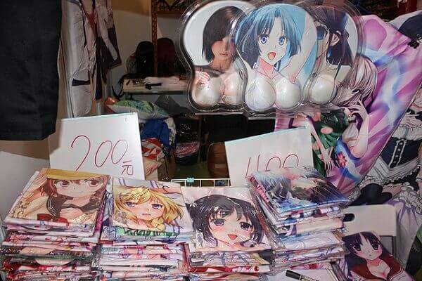 A photo of girlfriend body pillow covers and mousepads.