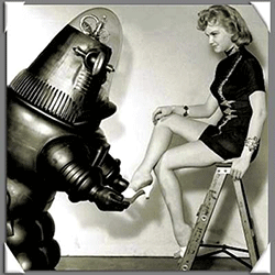 A robot helps a woman put on her shoe.