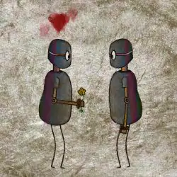A robot holds flowers to give to another robot.