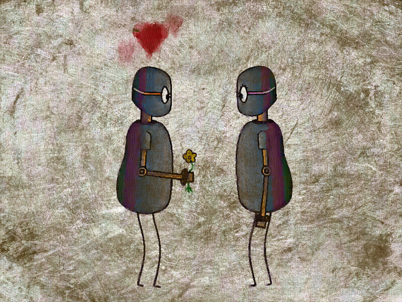A robot holds flowers to give to another robot. 