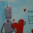 A robot in love holds a heart.