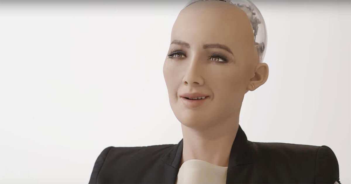 Sophia, a robot with artificial intelligence, awakens for the first time.