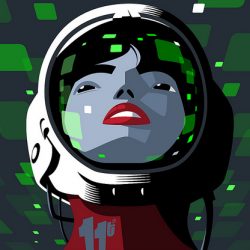 A person with red lips and dark hear wearing a space helmet.