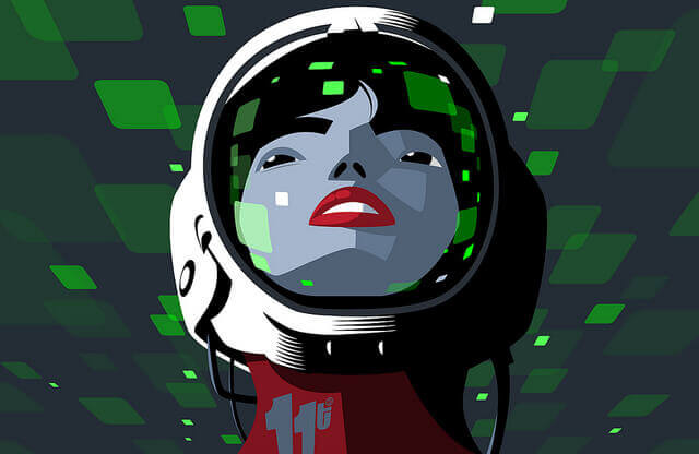 A person with red lips and dark hear wearing a space helmet. 
