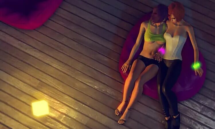 Two women sit and hold hands in the multiplayer online sex game 3DXChat.