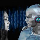 A woman looks into the eyes of a male cyborg.
