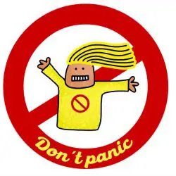 An illustration of a person with a yellow top and with yellow hair and the text "Don't panic."
