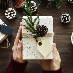 Male hands hold a wrapped present.