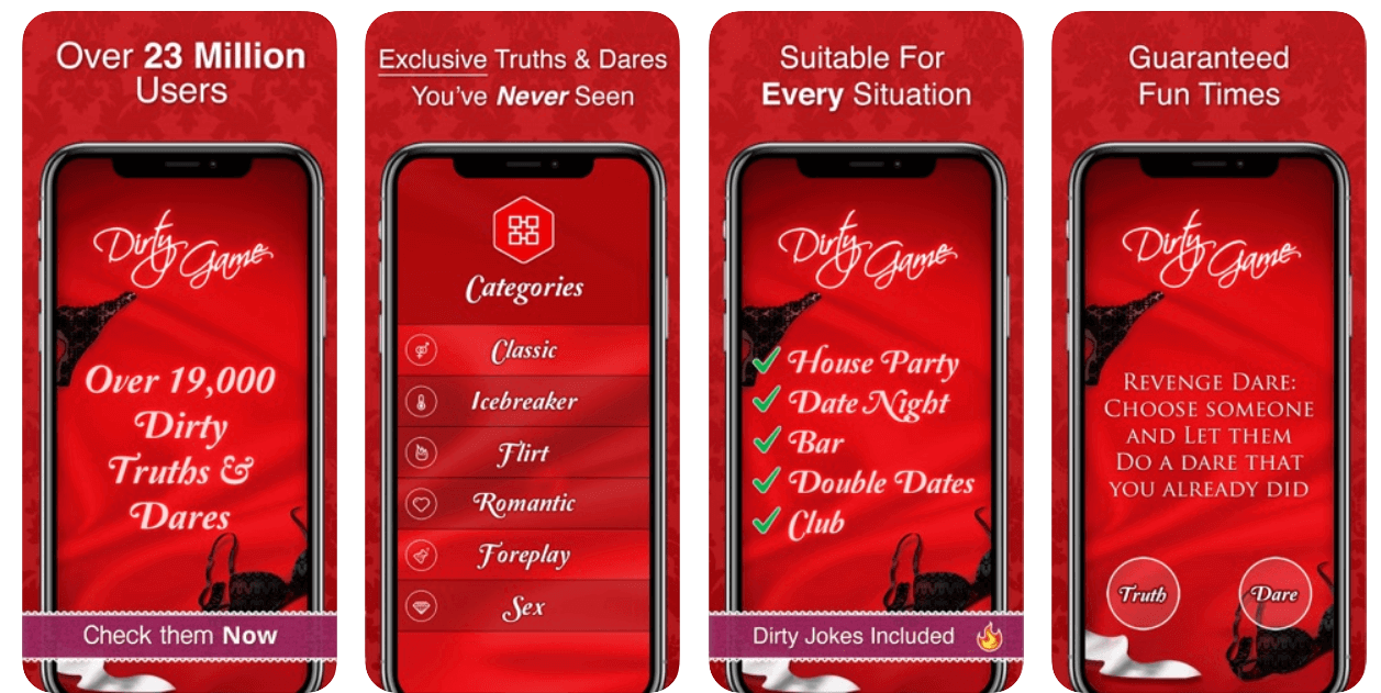 Dirty Games ranks as one of the best sex game apps for couples with its steamy offering of truth-or-dare challenges.
