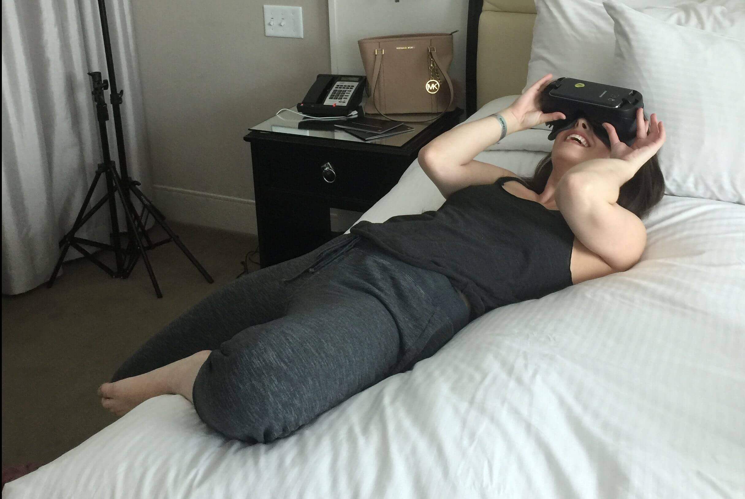 Casey Calvert video shoot is done and the actresses views her work on a Samsung Gear VR.
