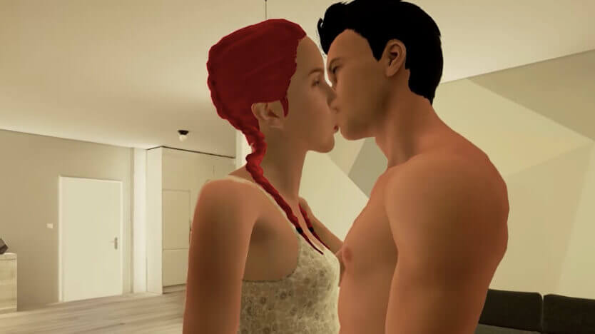 Two avatars kiss in the VR sex game VRLove. 