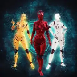 Three robots stand next to each other.