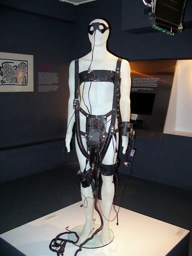 A black remote sex suit called CyberSM that was on display at the Museum of Sex in New York City.