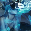 A barely clothed woman wears a head-mounted display VR headset.