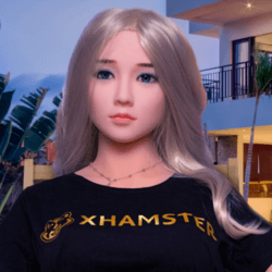Sex doll xHamsterina appears with blonde hair, Asian features, and a black T-shirt.