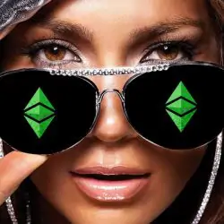 A woman wearing aviatar sunglasses with the Ethereum logo on each lens.