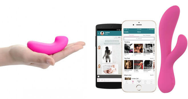 The pink Vibease panty vibe is displayed (left) next to a smartphone displaying the Vibease erotic audio app and the pink Esthesia rabbit vibrator. 
