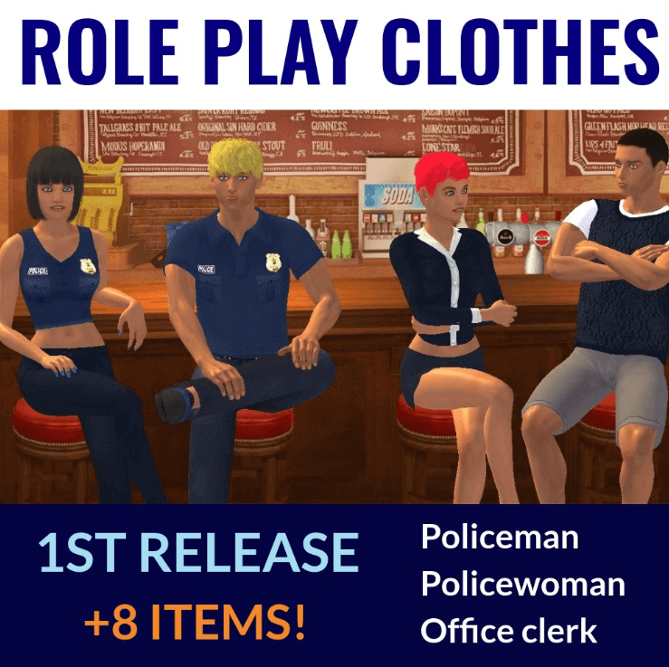 Online sex game Yareel shows four avatars wearing new role-playing costumes for police officers and secretaries.