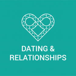 A white heart outline with an infinity symbol as part of the top design and the words "Dating & Relationships" appear over a green background.