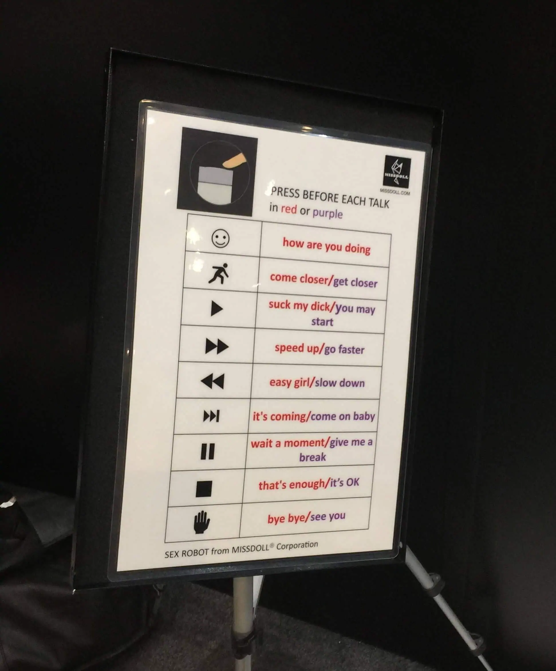 Instructios for Miss Doll oral sex robot at AVN 2019 in Las Vegas,