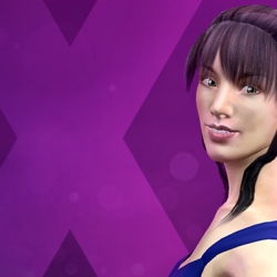 A animation of a fair-sklnned brunette appears before a purple X.
