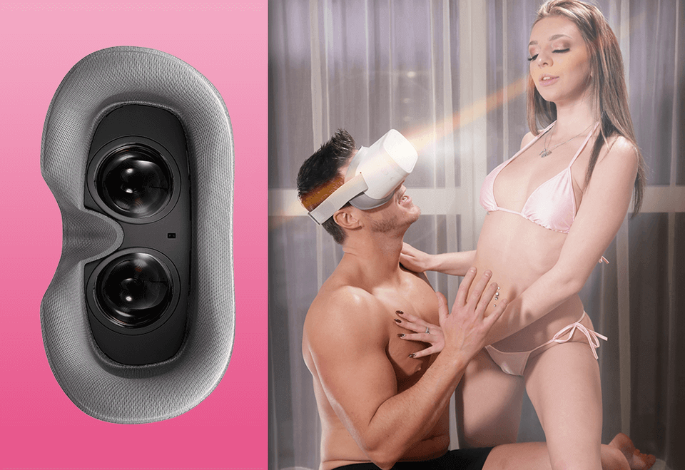 On the left is the inside view of the PVR headset positioned vertically. The interior of the headset is black and brown with two clear openings for the eyes and a space to place one's nose is seen on the left of the headset. On the right is a young white heterosexual couple. A mean is sitting wearing a white and grey PVR headset and black shorts. A woman with brown long hair and wearing a pink bikini stands over him, appearing as those she is a VR projection the man is seeing inside his headset. 