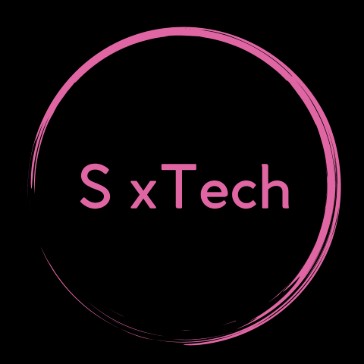 The text "SxTech" appears in hot pink, surrounded by a part circle in hot pink, over a black background.