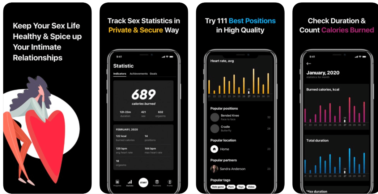 Screenshots of the Sex Keeper app shows graphs of charts of calories burned and other stats.