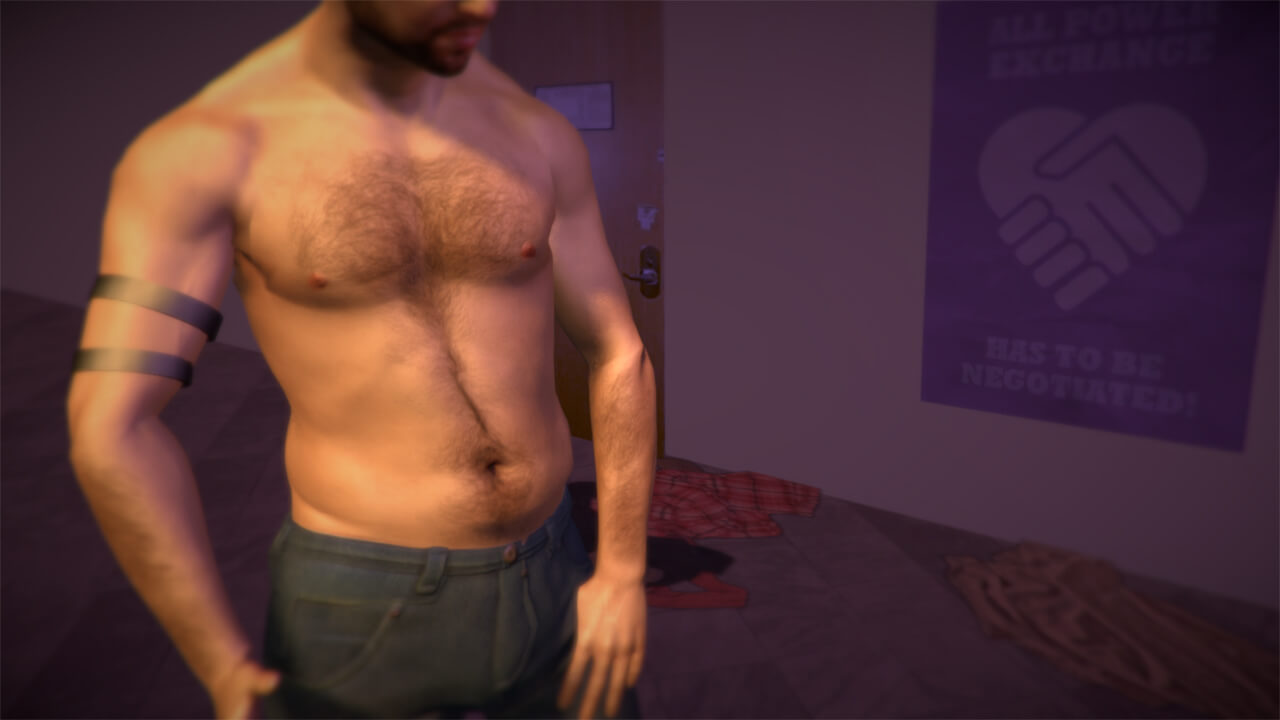 A bare-chested man's torso appears in a room. 