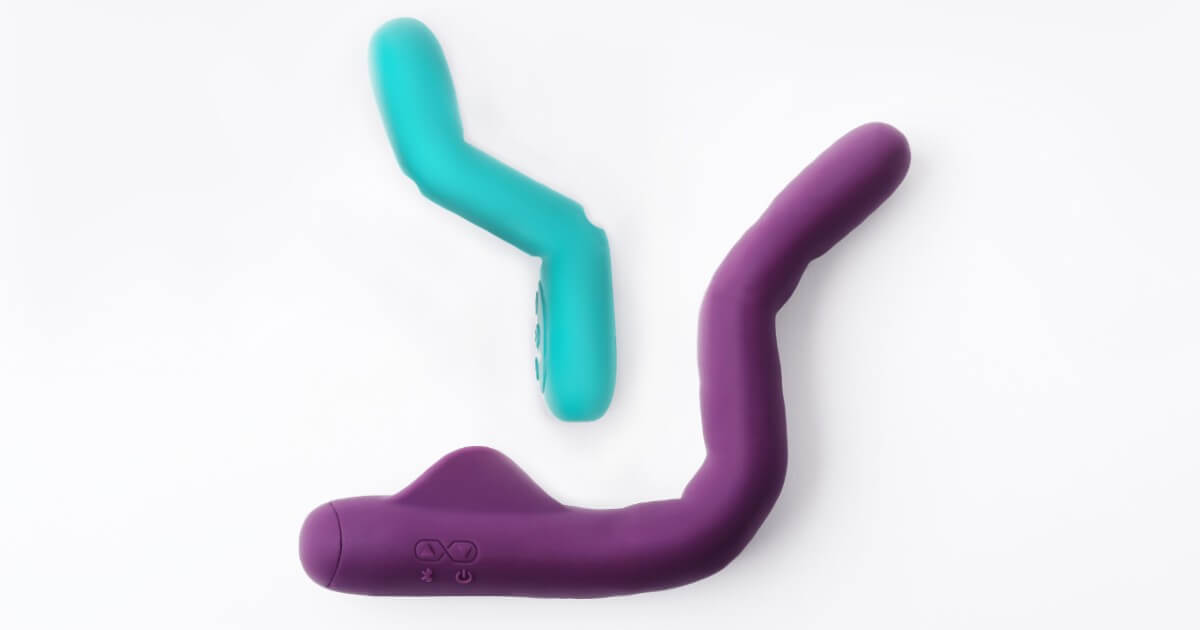 MysteryVibe's bendable smart vibrators are shown. The Crescendo in purple and the Poco in blue.