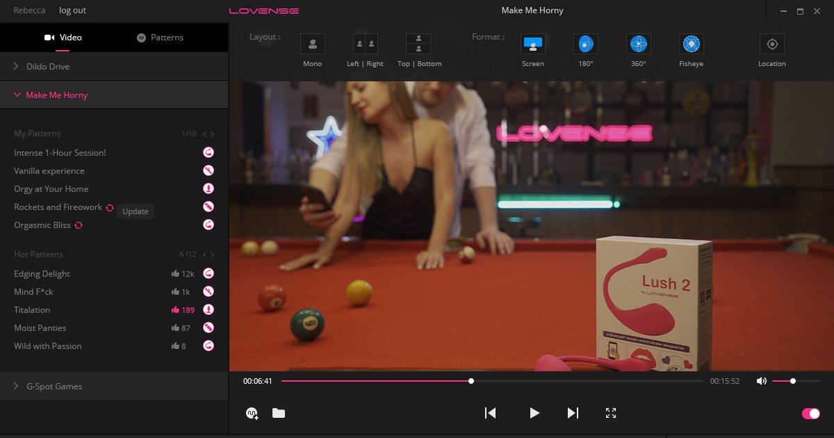 Lovense Media Player screenshot showing media with a couple and Lovense Lush device.