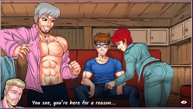 A screenshot from the gay male sex game Gay Harem shows attractive men.