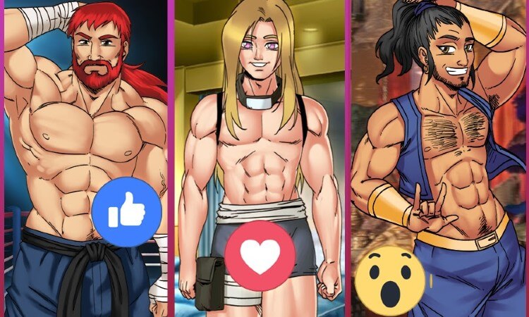 Three hot gay men with ripped abs from the RPG male sex game Gay Harem.