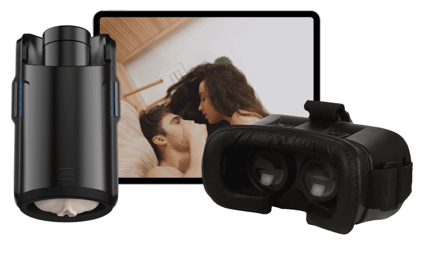 The Keon interactive penis stroker from Kiiroo is black and flesh toned. It appears next to a VR headset and video of a couple being intimate.
