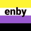 The non-binary flag consists of 4our horizontal lines from the top down: yellow, white, purple, and black.