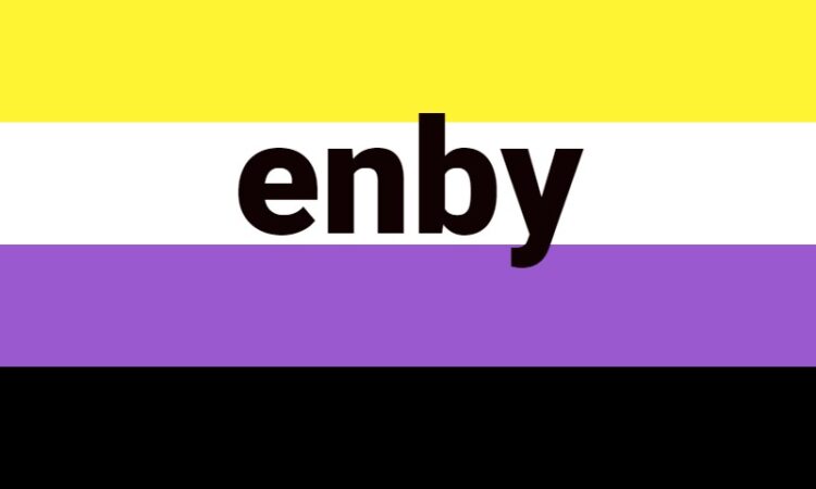The non-binary flag consists of 4our horizontal lines from the top down: yellow, white, purple, and black.