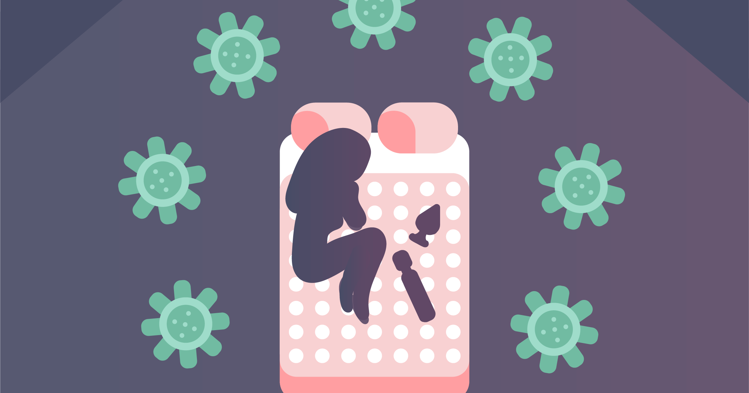 Illustration of female figure lying on a bed with sex toys encircles by large coronaviruses.