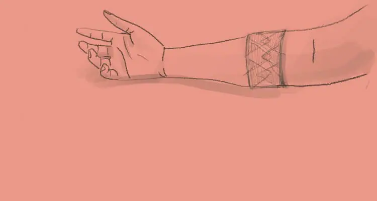 Sketch of right hand with a band wrapped on it