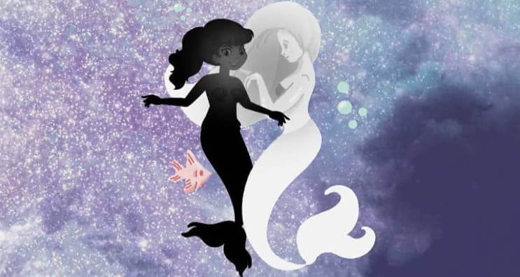 Animation of a mermaid and its shadow in blue sea