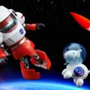 Image of Tenga Rocket and two TENGA-themed action figures: TENGA Robo and Egg Dog into the space