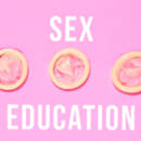 Sex education graphic with condoms on pink background
