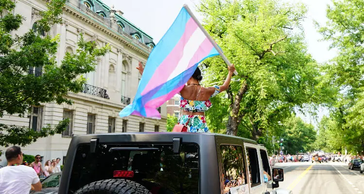 Person holding trans pride flag out of sunroof