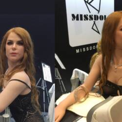Adult performer Penny Pax poses next to a sex doll replica of herself at AVN 2019 in Las Vegas.