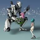 Image of a robot offering flowers to a girl