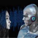 Image of a robot and girl in binary code background