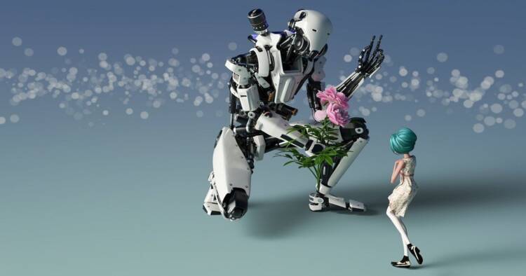 Image of a robot offering flowers to a girl