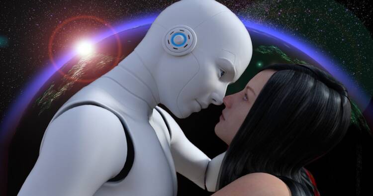 Image of a robot and a girl trying to kiss each other