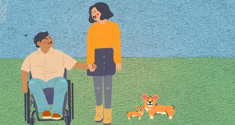 Picture of a disable man sitting in wheel-chair and a girl holding his hand, out for walk accompanied by 2 dogs