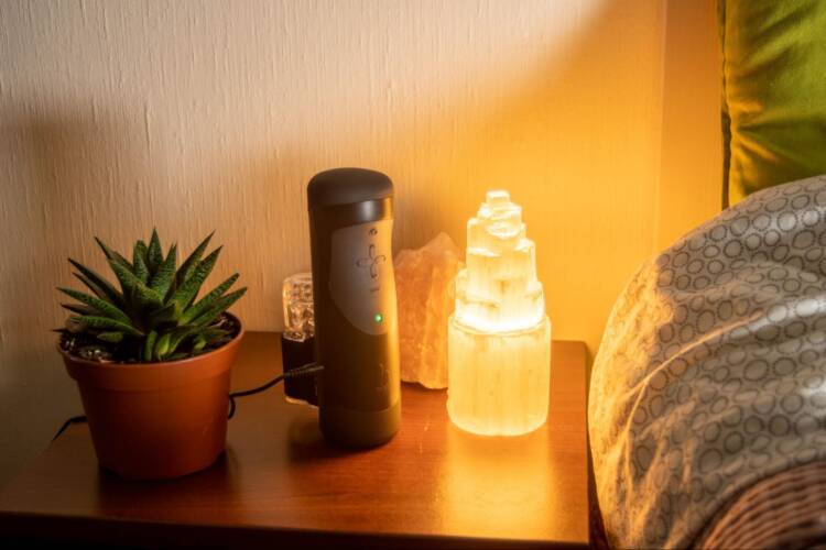 The Handy penis stroker sitting on a bedside table next to a cactus and soothing warm lamp.
